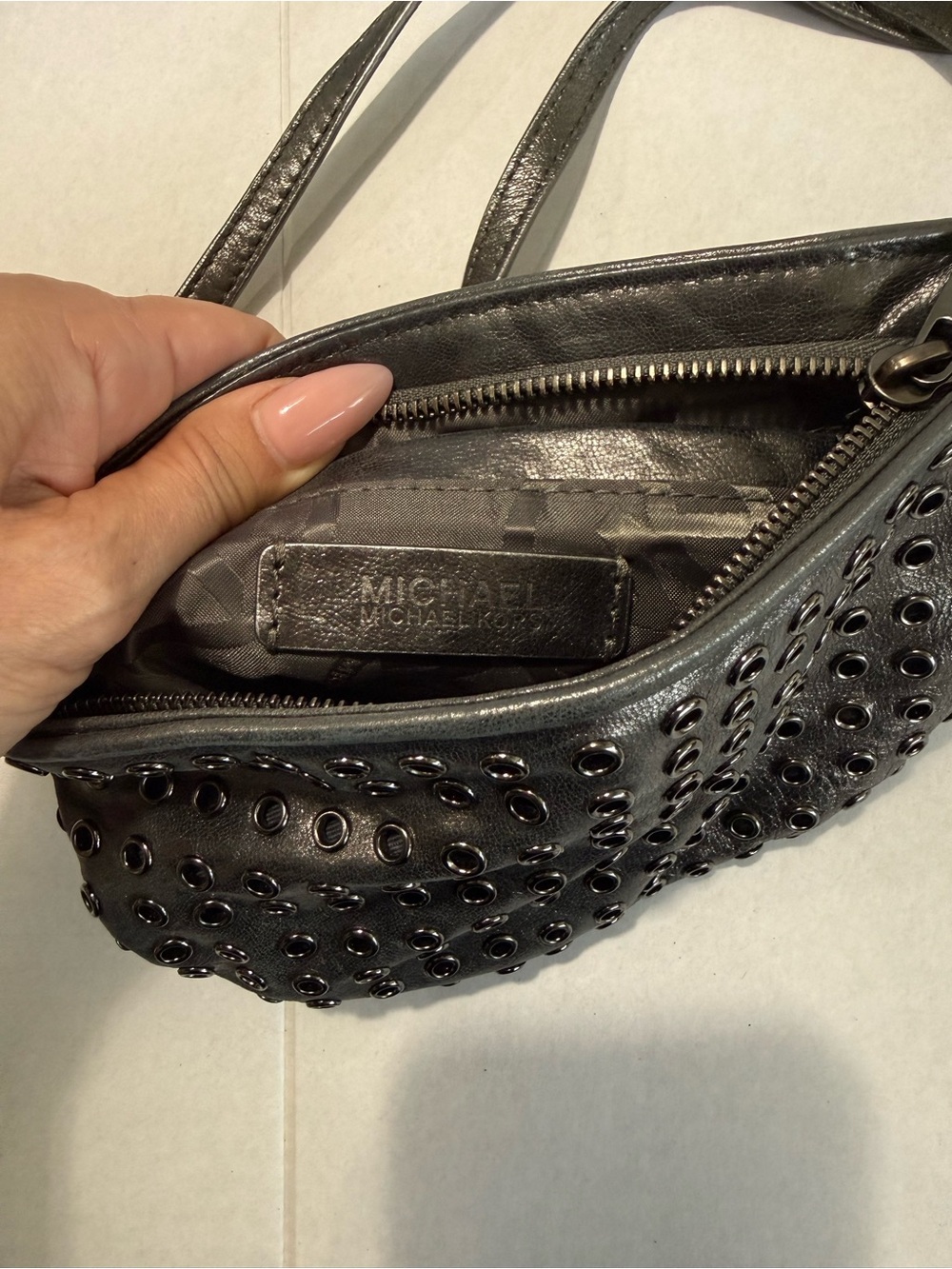 Michael Kors Small Black Leather Gunmetal Grommet-Embellished Crossbody Bag - Picture 11 of 11